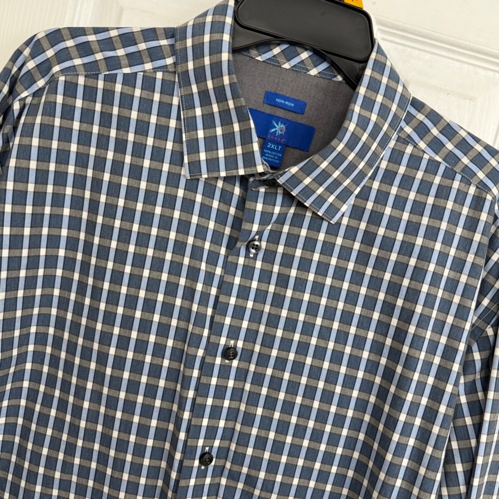 EGARA Mens 2XLT Non Iron plaid Long Sleeve Dress Shirt Cotton Blue Beige Tan
